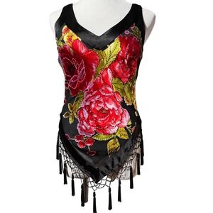 Cache Silk Blend Floral Beaded Fringe Top Women Small Black Red Rose V-Neck